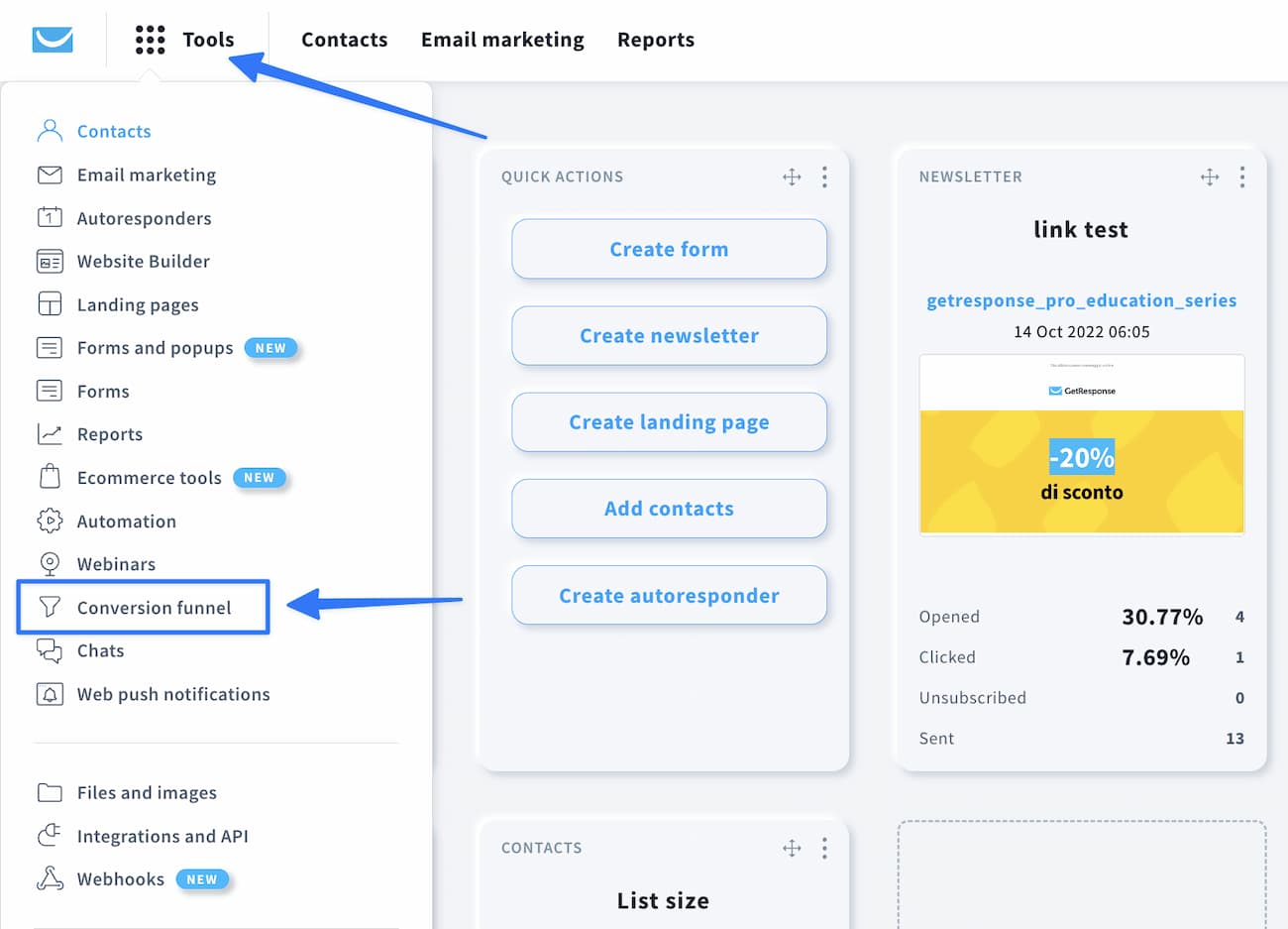 Accessing Conversion Funnels in GetResponse.