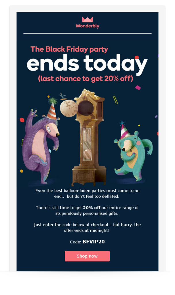 urgent black friday email example from Wonderbly