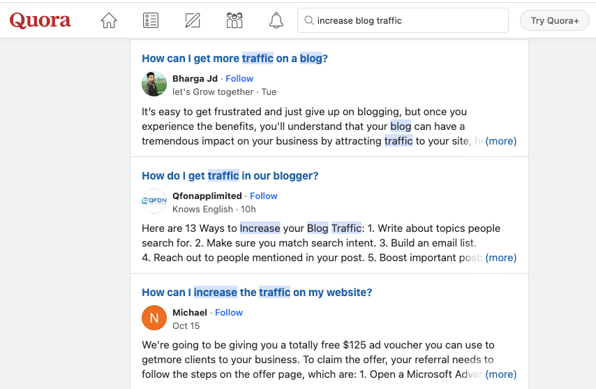 Quora search results for “increase blog traffic”